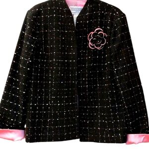 Vintage Jessica Howard Women's 12P Open Front Blazer Textured Black Pink EUC